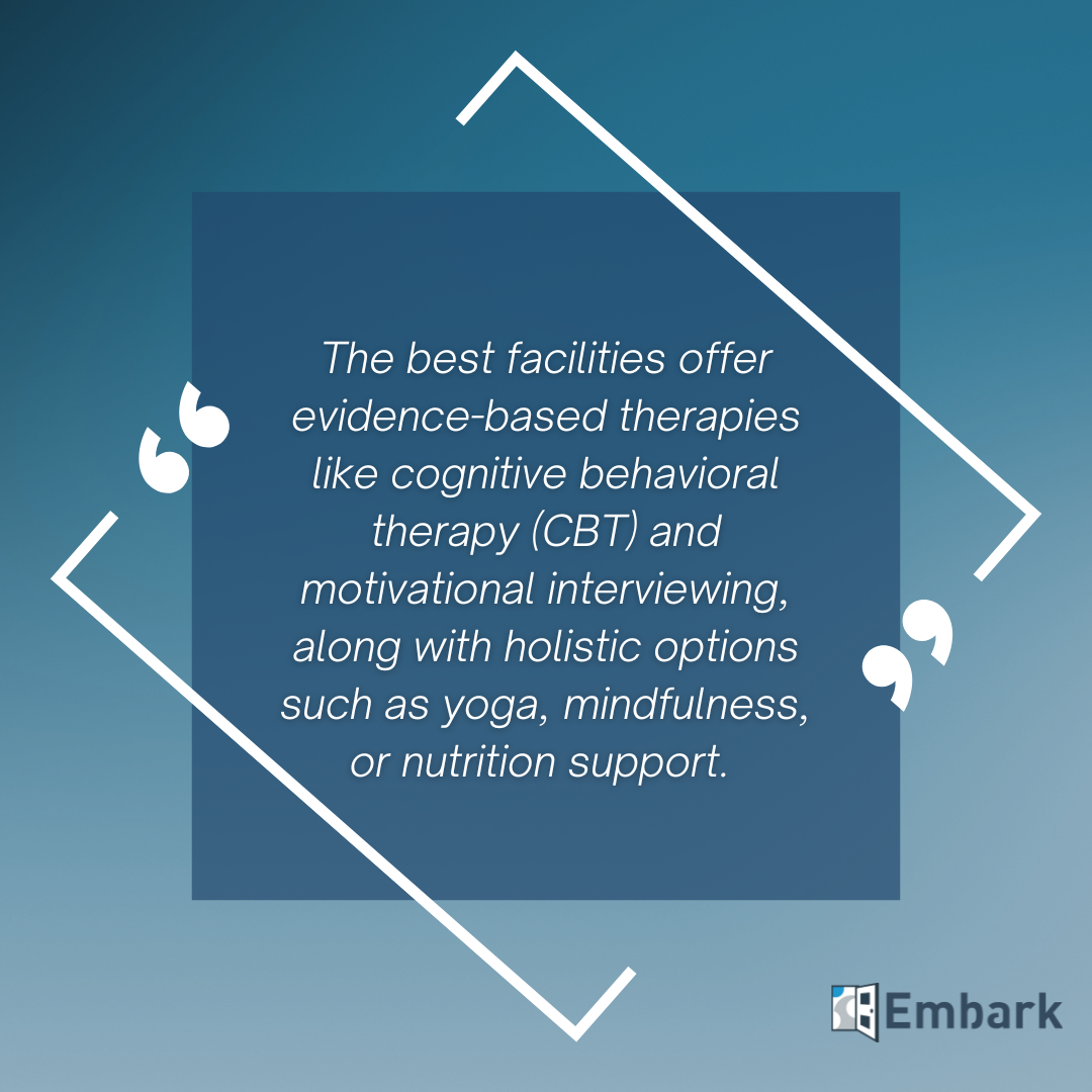 Quote about evidence-based therapies and holistic options for addiction treatment from Embark Recovery.